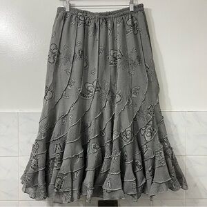 Mix Nouveau L Gray Paisley Tiered Ruffled Boho Whimsigoth Romantic Midi Skirt